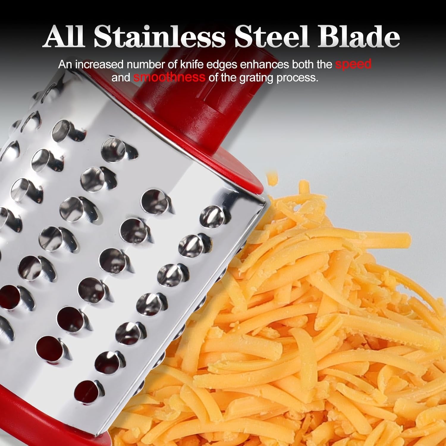 Rotary Cheese Grater Hand Crank, Kitchen Shredder Speed Mandolin Slicer Nuts Grinder with Handle and Drum Blades for Cheese, Vegetable, Chocolate, Potato, Carrot, 3 Blades, White Red