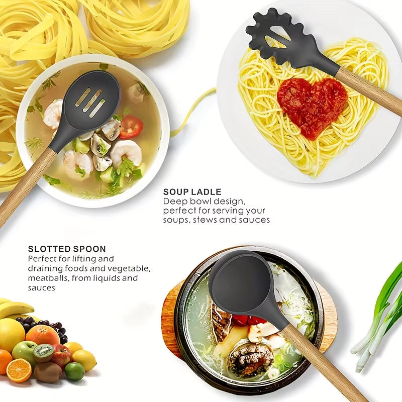 Kitchen Silicone Cooking Utensils, 12 Pc Kitchen Utensil Set, Wooden Kitchen Utensils, Kitchen Gadgets and Spatula Set